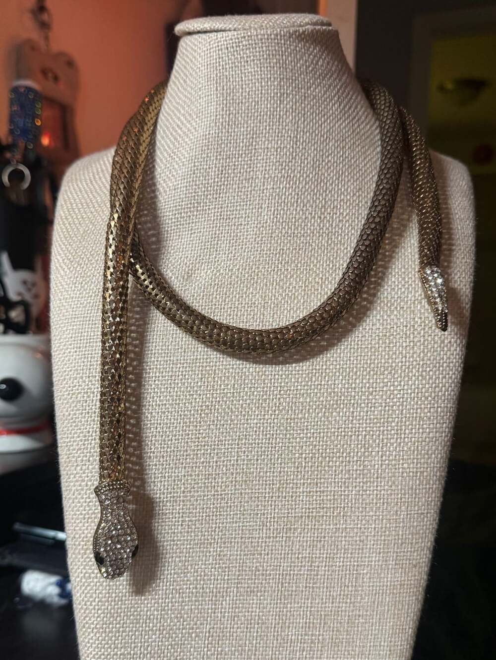 Gold Tone Mesh Rhinestone Snake Lariat Necklace